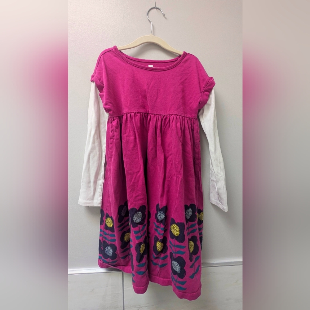 Tea Collection layered long sleeve dress with flowers girls size 8
